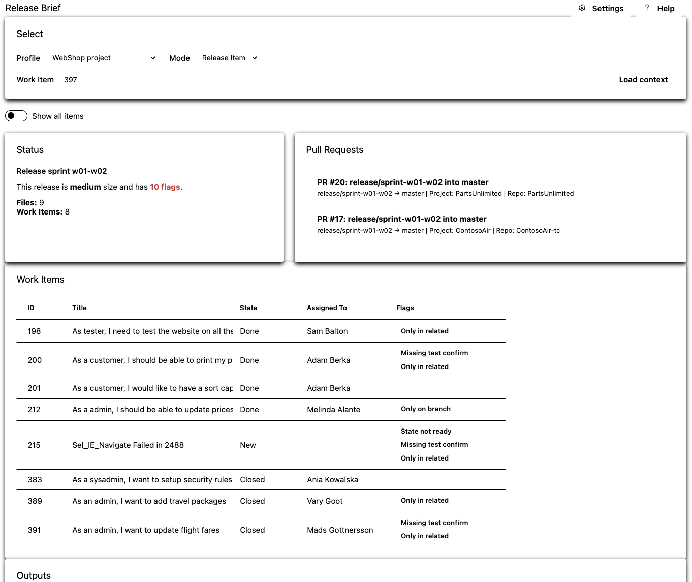 Release Brief — widok główny: status, wielkość, flagi, metryki